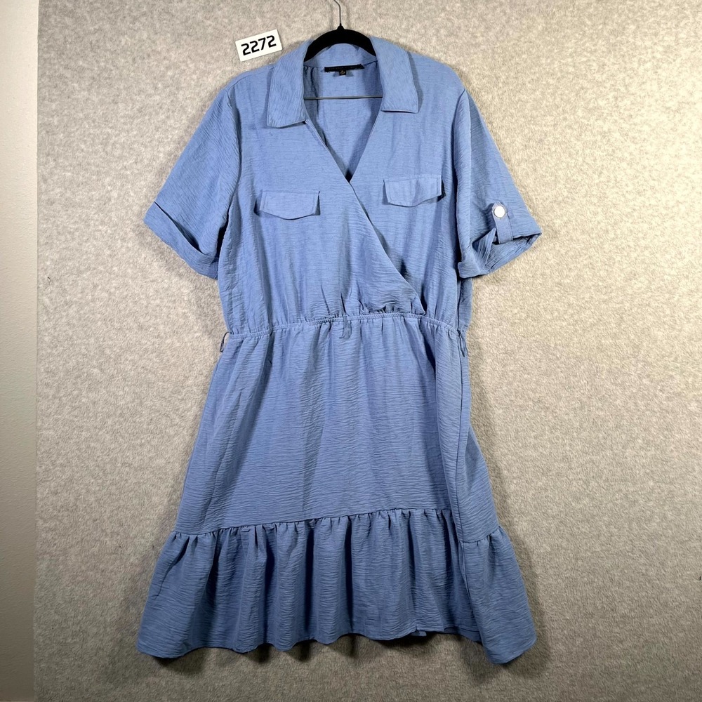 Adrienne Vittadini Dress Womens XL Blue Ruffle Hem Short Sleeve Surplice Neck